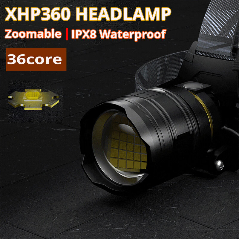 Mais poderoso xhp360 36core led farol usb 18650 recarregável à prova drechargeable água lanterna de acampamento cabeça zoomable luz pesca