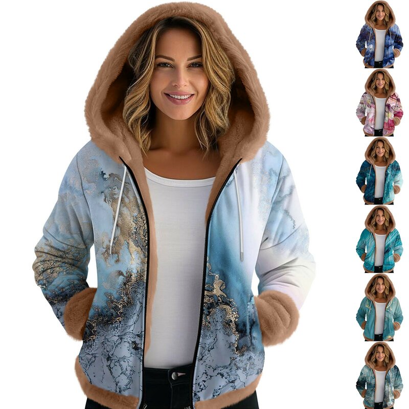 Veste à capuche imprimée à thème naturel pour femmes, sweats à capuche épais, ajouter du velours sur le bord et les poignets, hiver