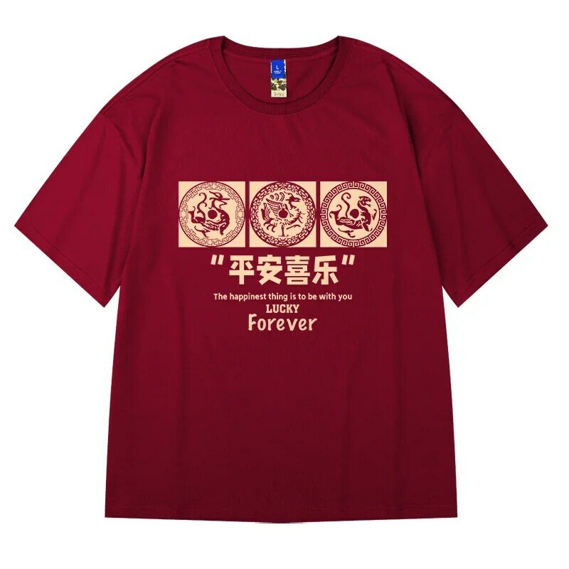 Camiseta estampada do dragão da sorte masculina, streetwear extragrande, roupas hip-hop, camiseta de algodão Y2K, moda verão, nova