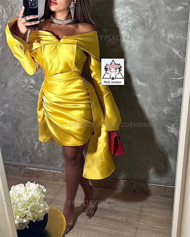 Mini vestido de noite de manga comprida feminino, vestido de cetim, Coquetel e baile, Dourado, Formal, Clube, Mulher, 2024
