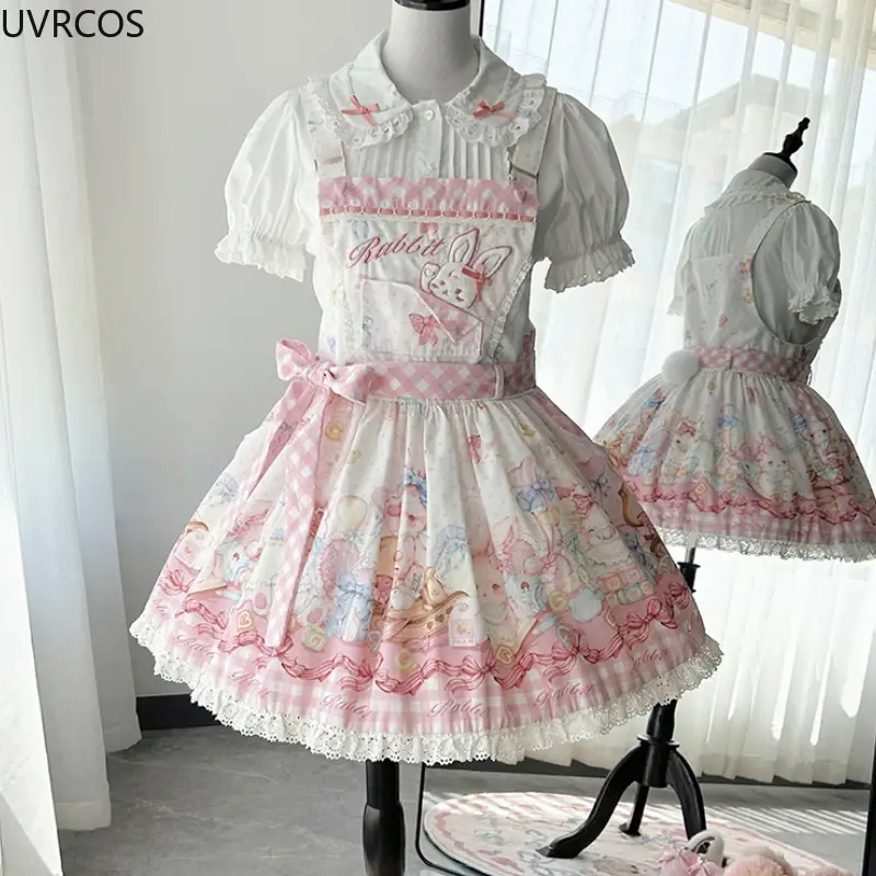 일본 귀여운 로리타 스타일 Jsk 원피스 여성 스위트 버니 프린트 파티 미니 공주 드레스, 하라주쿠 Y2k 민소매 스트랩 드레스