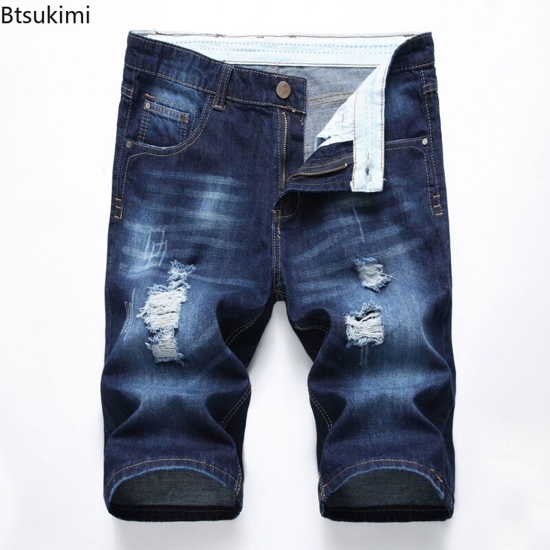 2024 Men's Denim Shorts Summer New Style Elastic Slim Fit Short Jeans Fashion Holes Casual Cotton Cowboy Short Trousers for Male