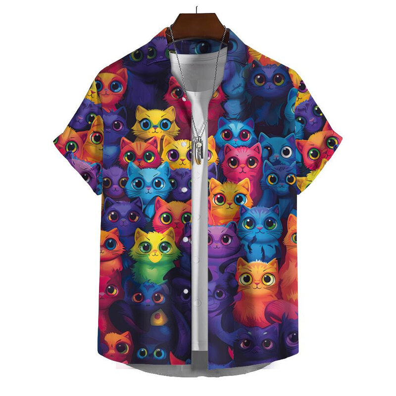 เสื้อผู้ชายตลกๆ3D เสื้อพิมพ์ลายแมวน่ารักเสื้อผ้าผู้ชายลำลองแขนสั้นฤดูร้อนเสื้อทรงหลวมโอเวอร์ไซส์