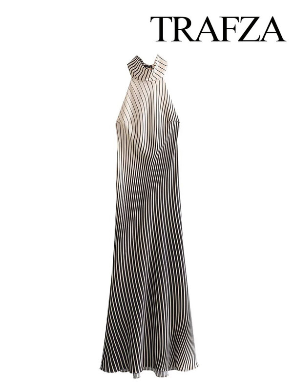 TRAFZA 여성용 스트라이프 프린트 행잉 넥 칼라 드레스, 섹시한 백리스 민소매 레이스업 슬림 롱 원피스, 여름 패션