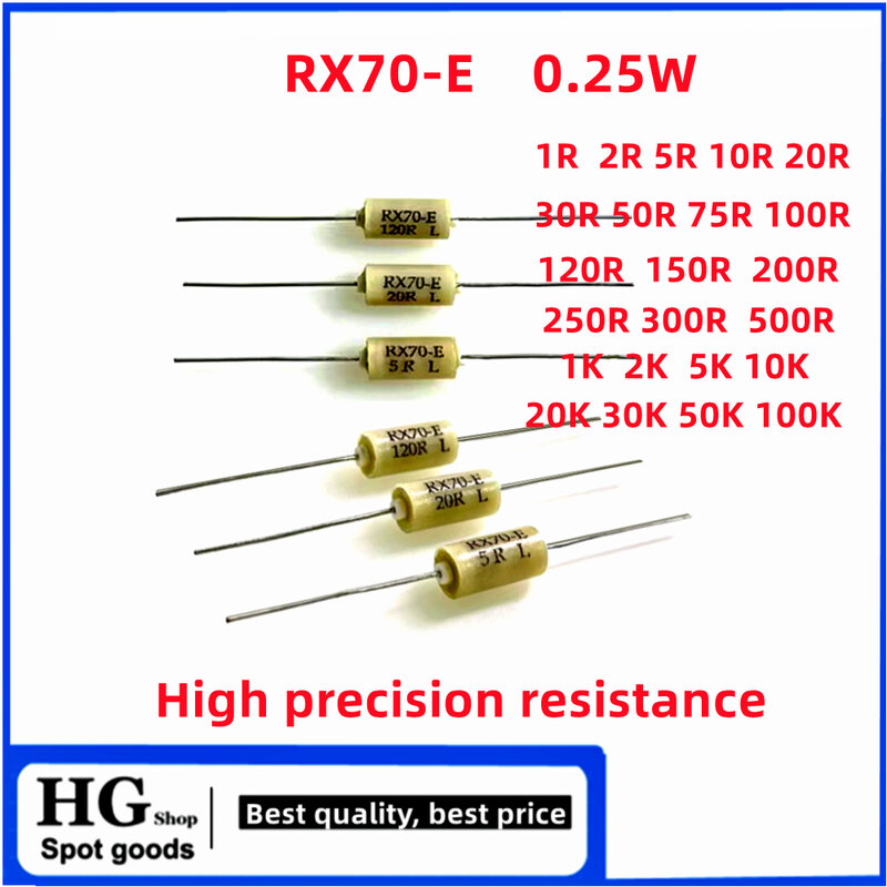 Échantillonnage de haute précision RX70-0.25W Résistance de haute stabilité de blanchiment à basse température de haute précision 0.25W 1R à 500R 1K to100K