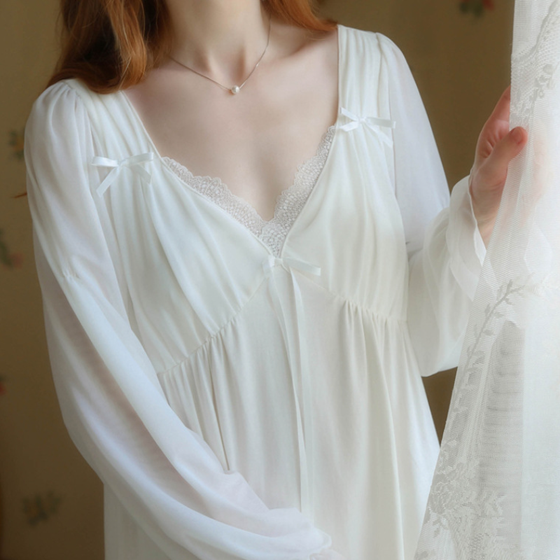 Fairy White Night Dress Women Sexy Sleepwear Lace Long Sleeve Robe Vintage Cotton Nightgown Dressing Gown Princess Nightwear