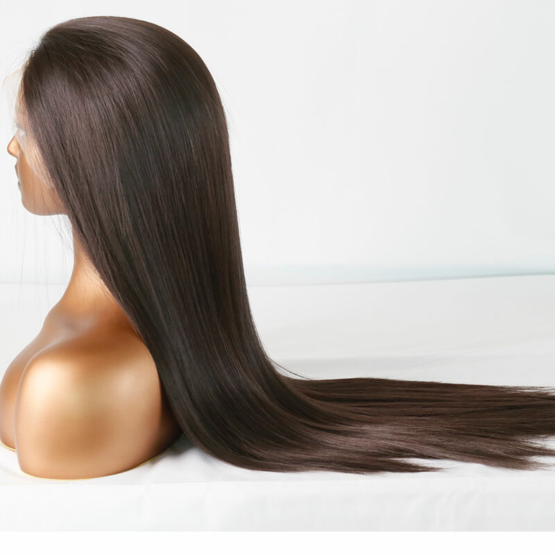 Parrucca anteriore in pizzo sintetico dritto colore marrone scuro fibra resistente al calore attaccatura dei capelli naturale separazione libera per parrucche afroamericane