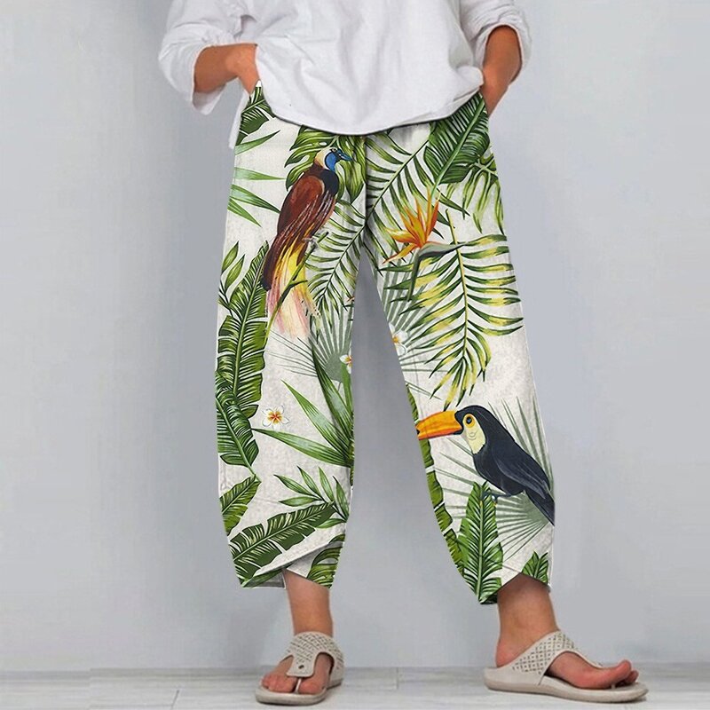 Брюки-Капри женские с цветочным принтом, повседневные винтажные штаны с цветочным принтом, уличная одежда, пляжные свободные брюки с карманами, Y2k, лето
