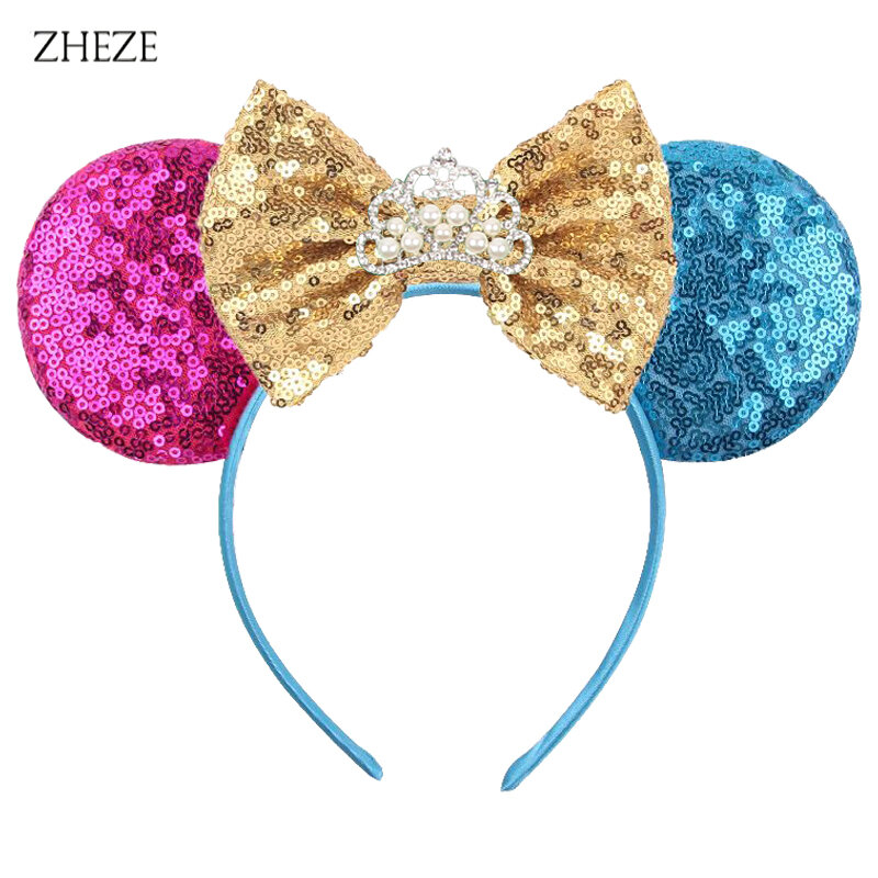 Trendy Glitter Mouse Ears Headband Sequins 5"Bow Boutique Hairband With Pearls Crown Girls Festival Party Hair Accessories