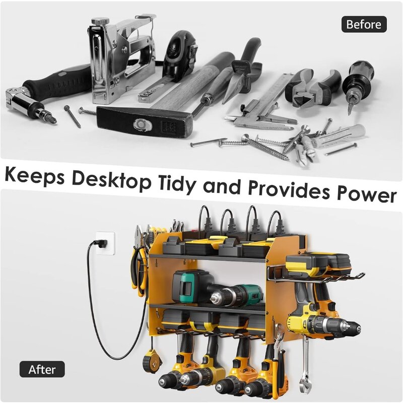 CCCEI Modular Power Tool Organizer Wall Mount Charging Station, Yellow 6 Drills Holder with 8 Plug Power Strip