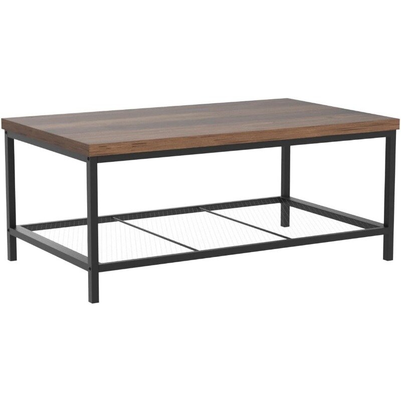 44in Modern Coffee Table, Large 2-Tier Industrial Rectangular Wood Grain Top Coffee Table, Accent Furniture