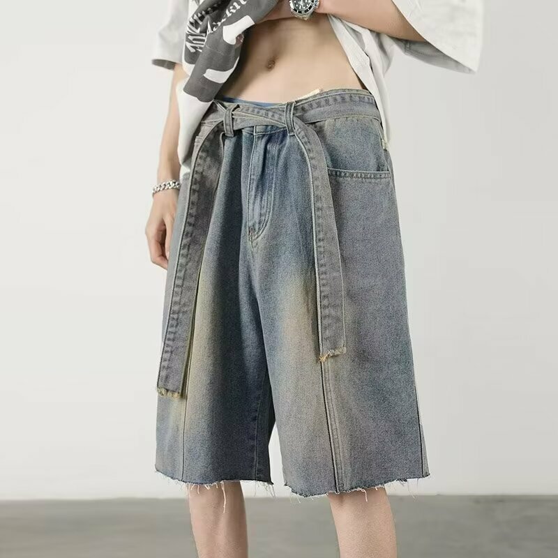 กางเกงยีนส์ขาสั้นผ้าเดนิมทรงหลวมสำหรับผู้ชาย Y2K เสื้อผ้าแนวสตรีทฮิปฮอปเทรนด์คลาสสิกสำหรับฉบับภาษาเกาหลี2024ฤดูร้อนใหม่