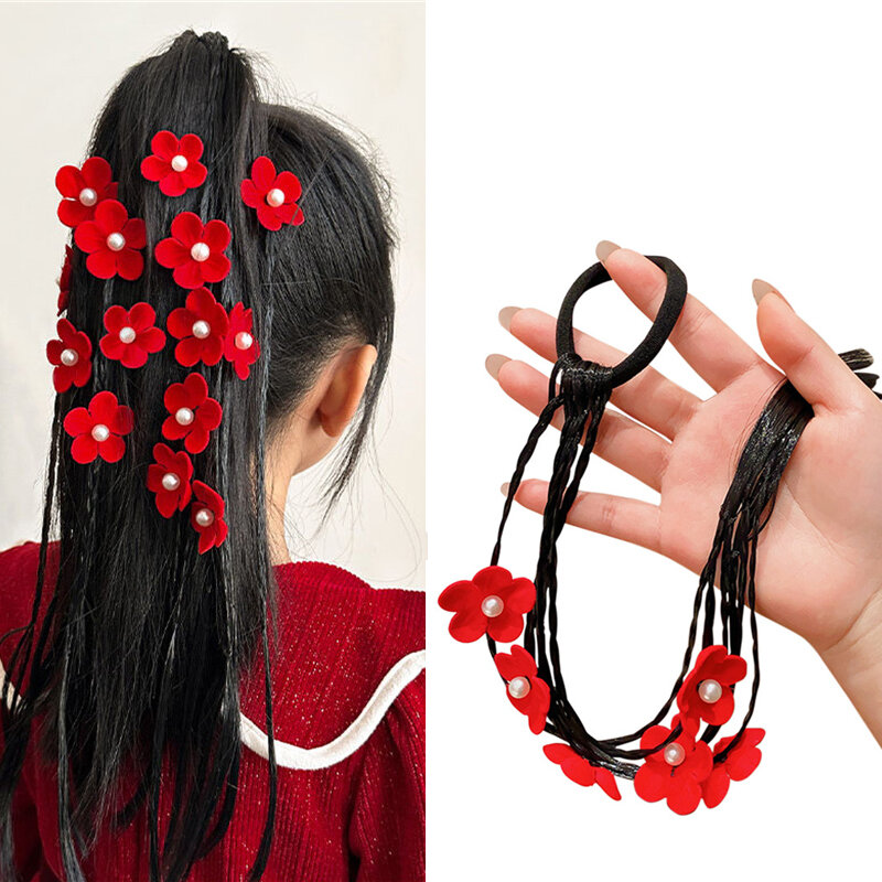 Wig kepang bunga bola warna-warni untuk anak perempuan wig rambut elastis ekor kuda sintetis dengan karet gelang anak-anak hiasan rambut