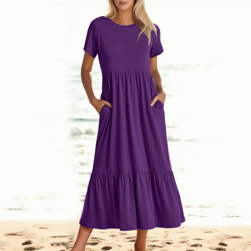 Damen Sommer lässig Kurzarm Crewneck Swing Kleid Mode elegant o Hals Kleid Vintage solide Strand kleid mit Taschen