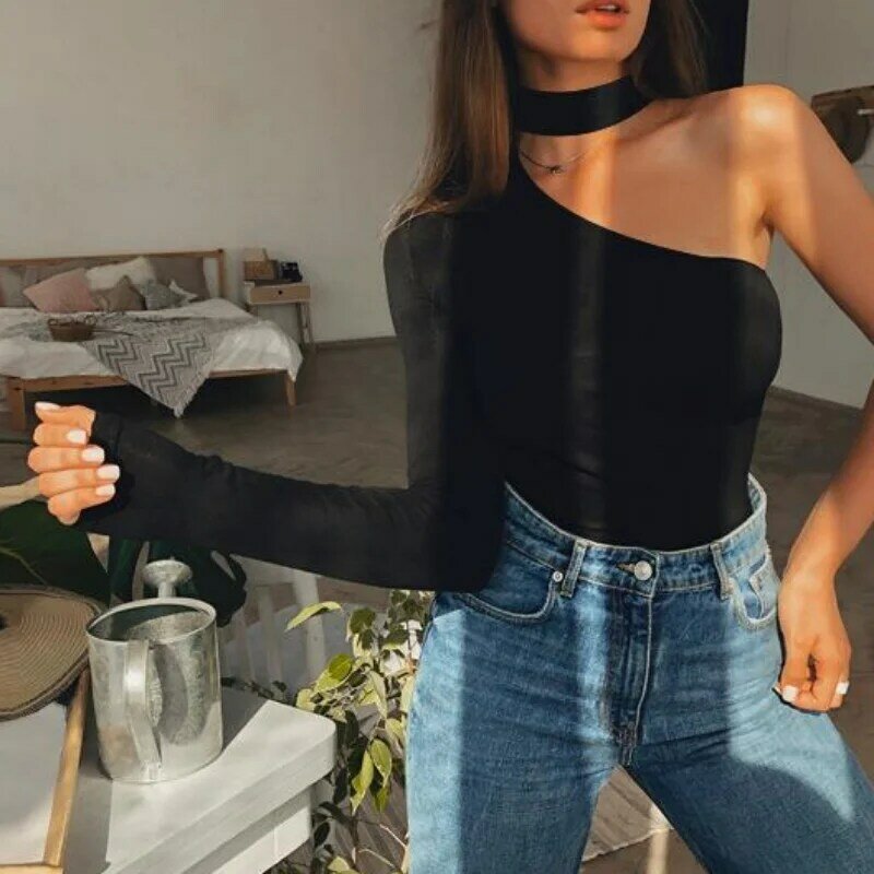 Cotton halter one shoulder sexy bodysuit women new fashion 2023 winter and spring solid bodycon casual long sleeve body