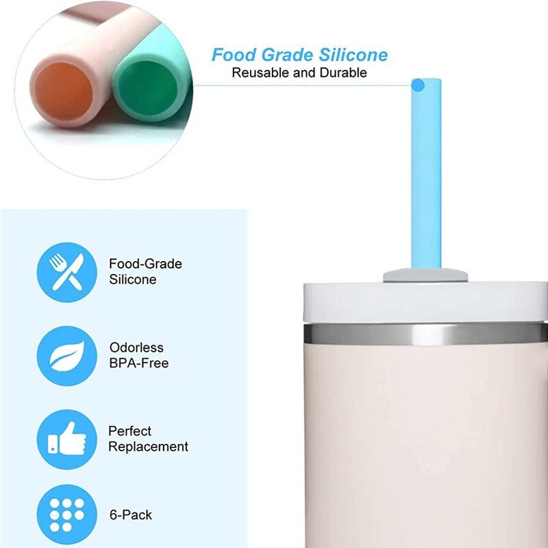 6/2Pcs Silicone Straw Suitable for Stanley Travel Insulated Cup Replacement Straw Recycling Use with Cleaning Brush Straw Set
