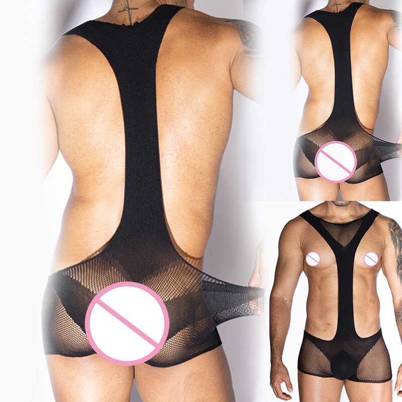 Sexy Mens See-Through Jumpsuit Mesh Tights Transparent Bodysuit Fashion Open-End Temptation Uniform Erotic Sleepwear