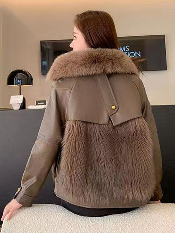 2023 Autumn Winter Faux Fur Coat for Women Elegant Fashion Korean Fashion Faux Leather Jacket Thick Warm Street Outwear