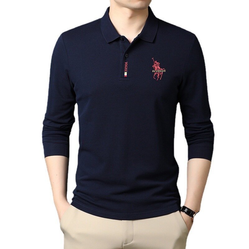 Camisa informal de negocios con solapa para hombre, camiseta de manga larga bordada de alta calidad, ropa para hombre
