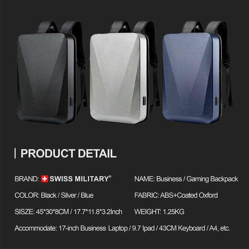 SWISS MILITARY-Sac à dos pour ordinateur portable 17 ", étanche TSA, antivol, coque rigide, sac à dos de bureau, sac à dos d'affaires pour homme