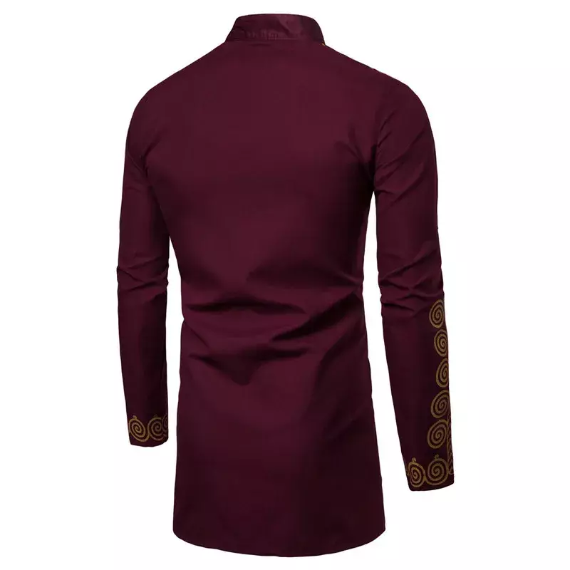 이슬람 남성 셔츠 이슬람 의류 프린트 스탠드 컬러 탑스 쿠르타 내셔널 프린트 긴팔 셔츠, 남성 포크 힙합 스트리트웨어