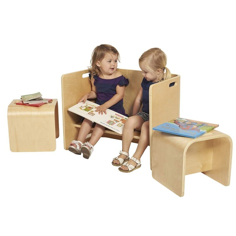 Set tavolo e sedia multiuso in legno curvato, mobili per bambini, naturali, 3 pezzi