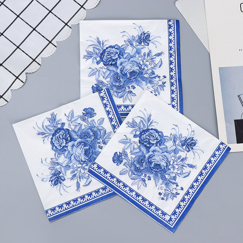 중국 컬러풀 블루 프린트 종이 냅킨, 웨딩 종이, 나비 본 바트 종이, 2 겹, 10 개, 20 개/팩, 33x33cm