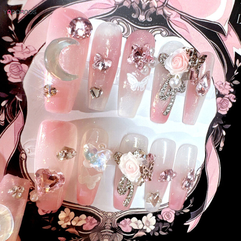 10Pcs Blush Pink Handmade Fake Nails Long Ballerina Press on Nails Glitter Rhinestone Star Flower Butterfly Design DIY Manicure