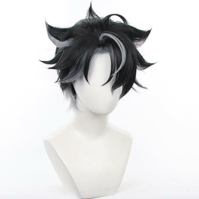 Peluca de Cosplay de fibra sintética, Genshin Impact, color blanco y negro, gris plateado, mezcla de cabello corto