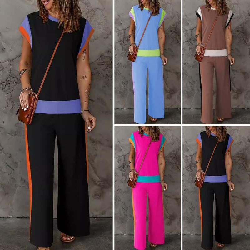 Conjunto de traje de bloque de Color para mujer, Top y pantalones de pierna ancha, diseño a juego de colores, ropa deportiva, conjunto de Top y pantalones de chándal