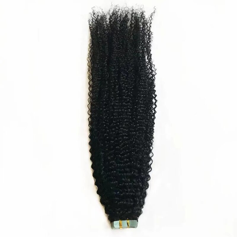 Afro plester keriting pada ekstensi rambut manusia ekstensi rambut alami Mongolia dalam lapisan dalam kulit keriting perekat rambut manusia PU Remy
