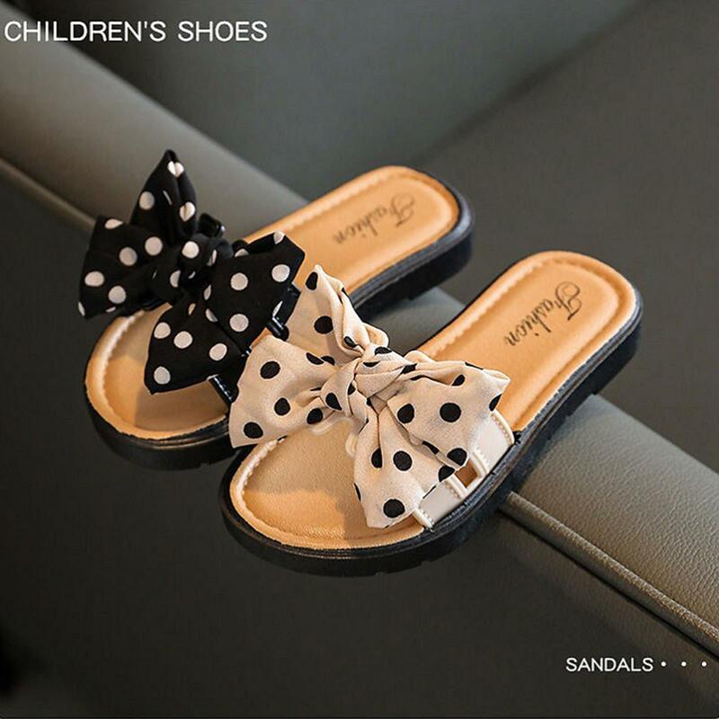 Girls Summer Beach Slippers Toddlers Dots Bow Open Toe Slide Slippers Nonslip Cross Slippers with Bowknot Kids Foot Accessories