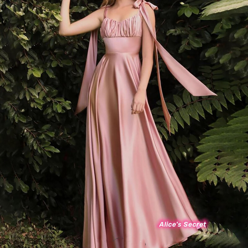 A-Line Satin Straps Sweetheart Sleeveless Pleated Empire Full Length Prom Dress Robe de Soirée