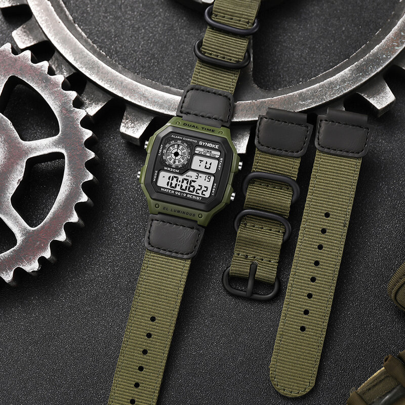 Часы мужские электронные с тремя кольцами и нейлоновым ремешком, Спортивные Повседневные водонепроницаемые, армейский зеленый цвет, с хронографом
