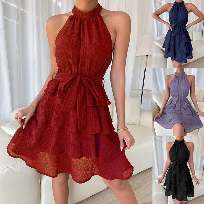 Damen einfarbig Rüschen Design Kleid Neck holder Kleid lässig süß Stil Kleid elegant ärmelloses Kleid Damen Sommerkleid