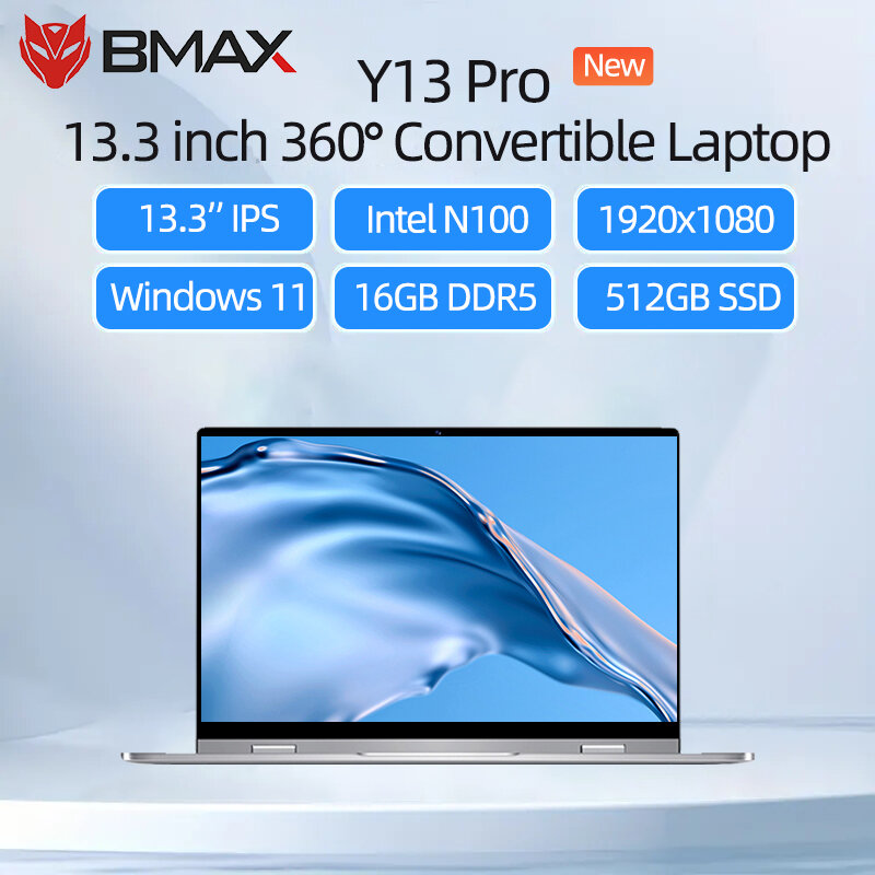 BMAX Y13PRO Laptop 360 ° RAM 13.3 inci, Notebook komputer Laptop Windows 11 16GB LPDDR5 512GB SSD 1920*1080 IPS Intel N100