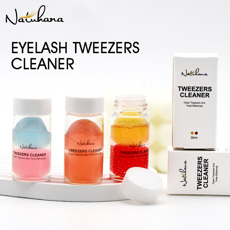NATUHANA Eyelash Extension Tweezers Cleaner Tools 25ml Tweezer Remover Tools with Glue Remover Liquid and Sponge Ball Cleaning