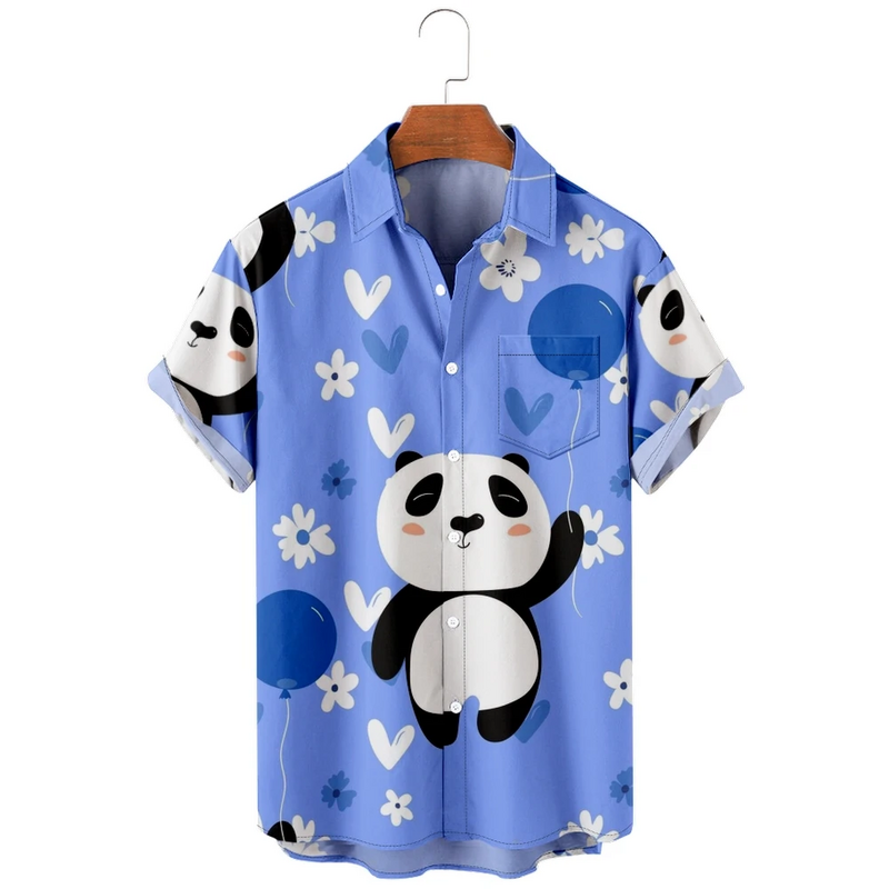 Camisa de lapela masculina de manga curta panda havaiana, design de botões, roupas macias e confortáveis, moda primavera-verão