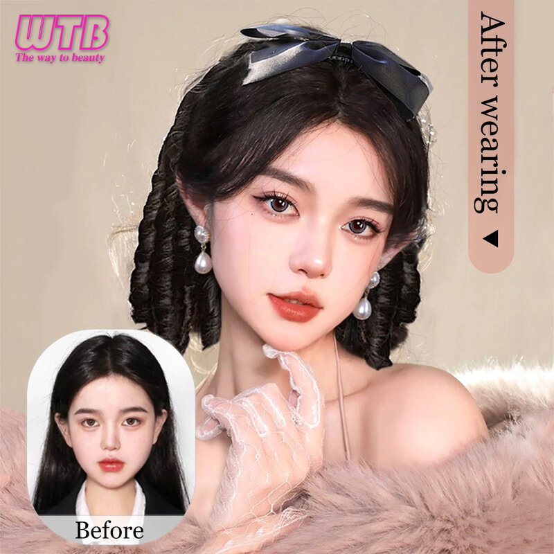 WTB Wig sintetis model rambut Retro wanita, Wig palsu keriting Romawi, Wig tahan panas Chignon ekor kuda panjang keriting