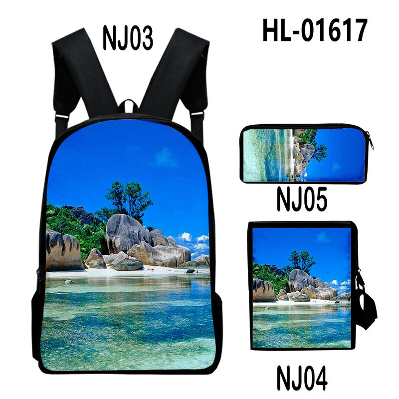 Classic Summer Seaside Scenery 3D Print 3pcs/Set pupil School Bags Laptop Daypack Backpack Inclined shoulder bag Pencil Case