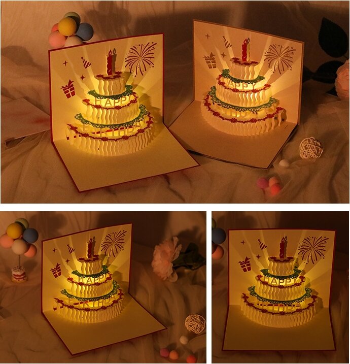 Kue ulang tahun mainan pemancar cahaya dengan lampu musik 3D kartu ucapan stereoskopik hadiah kreatif kartu pesan berkat liburan
