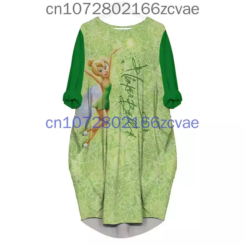 Dzwoneczek Oversize długie rękawy sukienka z kieszeniami Disney Cartoon Batwing sukienka z kieszeniami moda damska wszechstronna luźna sukienka imprezowa