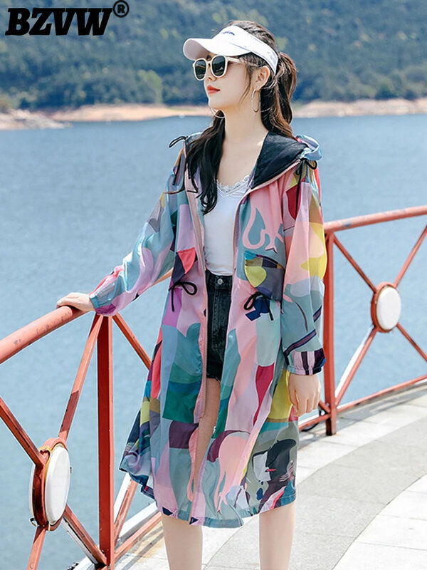 BZVW Camouflage Sunscreen Trench For Women Hooded Long Sleeves Lace-up Gathered Waist Mid Length Coats 2024 Summer Clothes Z4131