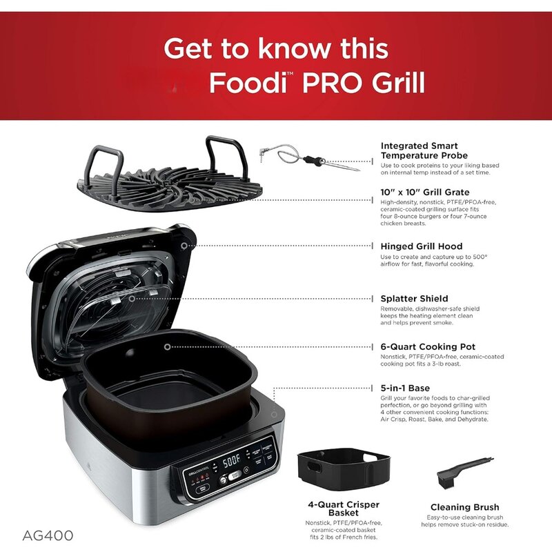 Air Fryer, 5-in-1 Indoor Integrated Smart Probe, 4-Quart, Roast, Bake, Dehydrate, An Cyclonic Grilling Technology, Air Fryer
