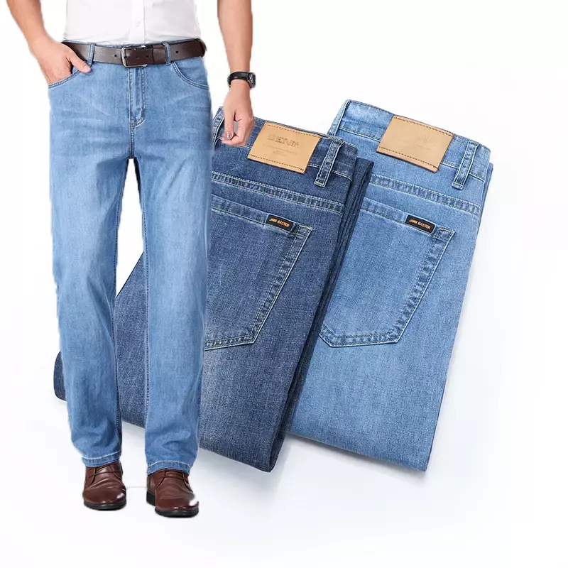 Celana panjang Jeans mewah untuk pria, celana panjang Denim elastis klasik santai Bisnis Musim Panas 2024, celana panjang Denim ringan lurus pria baru
