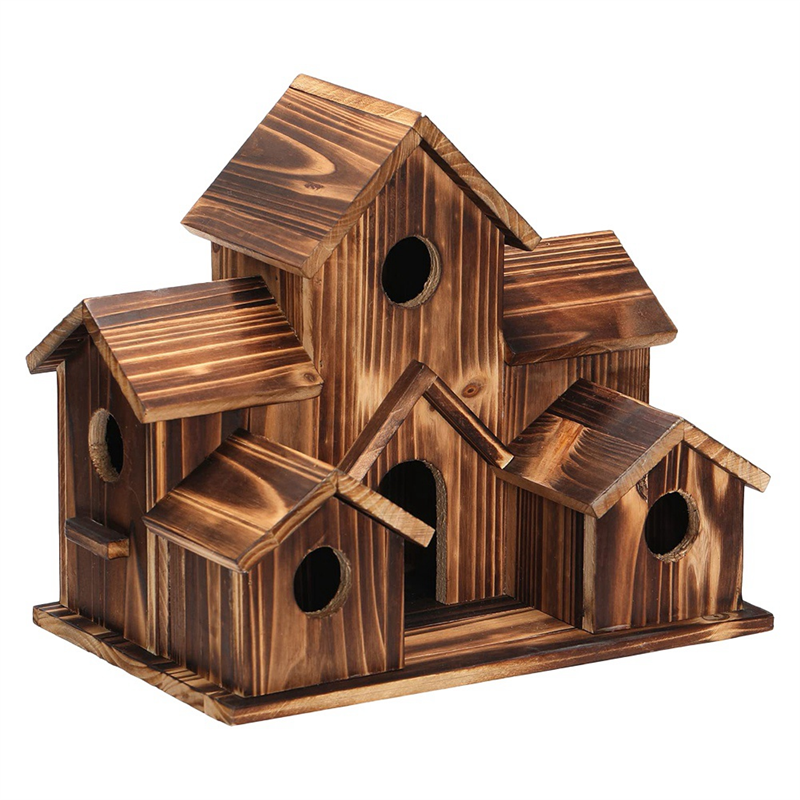 Rumah burung kayu gantung untuk dekorasi luar 6 lubang, rumah burung kayu untuk halaman belakang