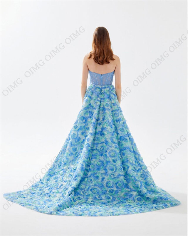 OIMG-Vestidos de Noche largos de encaje azul, vestido de fiesta sin mangas con abertura lateral, tul hasta el suelo