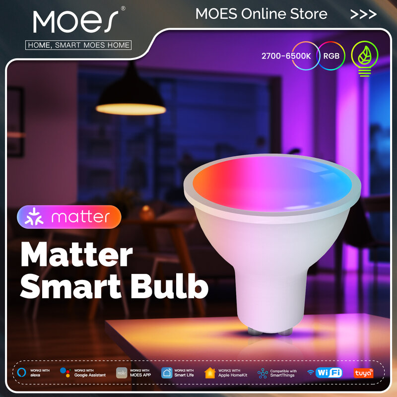 MOES Tuya Matter WiFi 스마트 전구, 밝기 조절 가능 LED 조명, 16 만 RGB C + W 색상, 촛불 램프, 음성 제어, 알렉사 구글 홈, GU10