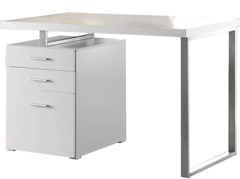 COASTER Furniture Brennan Nowoczesne 3-szufladowe biuro domowe Biurko komputerowe Srebrna metalowa rama Biały Srebrny800325