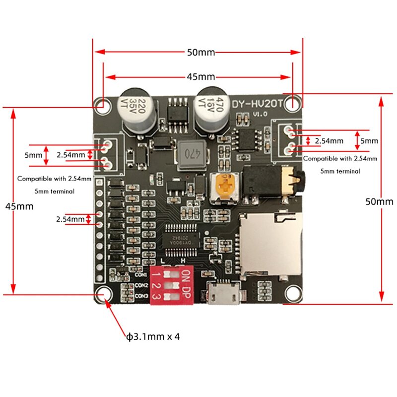 Arduinoの再生ボイスモジュール、アンプ、マイクロSDカードをサポート、mp3ミュージックプレーヤー、電源、12v、24v、10w、20w、DY-HV20T